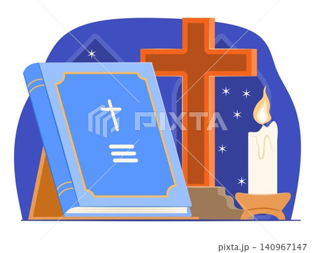 Bible Holy Book on Wooden Stand with Christian Cross and Candle for Christian Scripture Holy Book and Religion Items Concept Illustration Clip Art 140967147