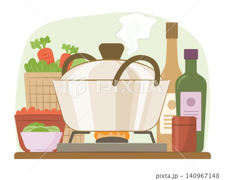 Stock Soup Pot Simmering on Gas Stove with Vegetables, Food Ingredient and Seasoning Bottles in Kitchen for Food Cooking and Culinary Concept Illustration Clip Art Stock Soup Pot Simmering on Gas Stove with Vegetables, Food Ingredient and Seasoning Bottles in Kitchen for Food Cooking and Culinary Concept Illustration Clip Art 140967148