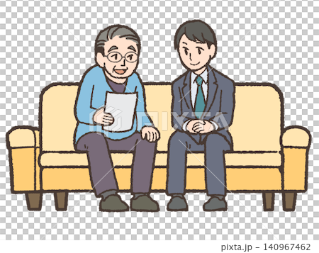 一位年長的男士和一位身穿西裝的男士坐在沙發上,一邊看著文件一邊交談。 一位年長的男士和一位身穿西裝的男士坐在沙發上,一邊看著文件一邊交談。 140967462