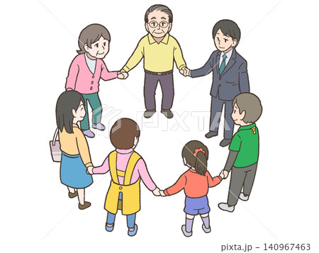 手をつないで輪になる地域社会の高齢者や子どもの繋がりやチームワーク・多世代交流 手をつないで輪になる地域社会の高齢者や子どもの繋がりやチームワーク・多世代交流 140967463