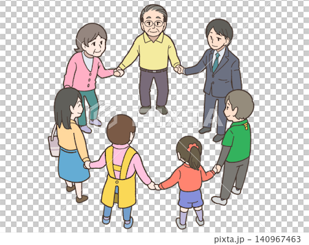 Holding hands in a circle fosters connections, teamwork, and intergenerational exchange among the elderly and children in the community. 140967463