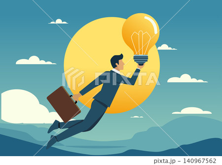 Businessman Flying with Bright Idea Lightbulb Businessman Flying with Bright Idea Lightbulb 140967562