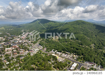 Historical American town Boone North Carolina Appalachian mountains. Old townscape architecture in Watauga County, USA. Streets and historic buildings from above Historical American town Boone North Carolina Appalachian mountains. Old townscape architecture in Watauga County, USA. Streets and historic buildings from above 140968185