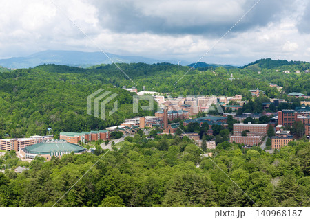 Boone, North Carolina. Historical American city architecture in Appalachian mountains. Old city in Watauga County, USA. Streets and historic buildings from above Boone, North Carolina. Historical American city architecture in Appalachian mountains. Old city in Watauga County, USA. Streets and historic buildings from above 140968187