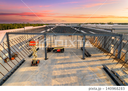 Construction works on commercial logistic center. Development of distribution infrastructure in America Construction works on commercial logistic center. Development of distribution infrastructure in America 140968283