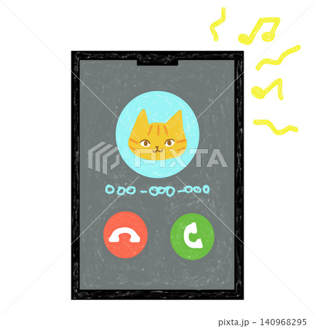 スマートフォンの着信画面と茶トラ猫 スマートフォンの着信画面と茶トラ猫 140968295