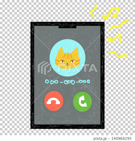 スマートフォンの着信画面と茶トラ猫 スマートフォンの着信画面と茶トラ猫 140968295