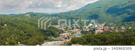 Boone, North Carolina. Historical American city architecture in Appalachian mountains. Old city in Watauga County, USA. Streets and historic buildings from above Boone, North Carolina. Historical American city architecture in Appalachian mountains. Old city in Watauga County, USA. Streets and historic buildings from above 140968309