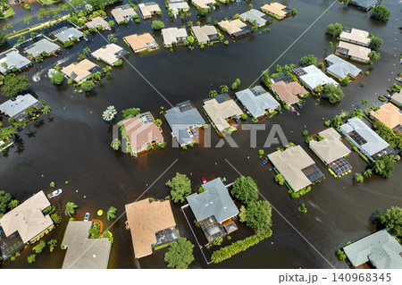 Flooded houses from hurricane Debby rainfall water in Laurel Meadows community in Sarasota, Florida. Aftermath of natural disaster in USA south Flooded houses from hurricane Debby rainfall water in Laurel Meadows community in Sarasota, Florida. Aftermath of natural disaster in USA south 140968345