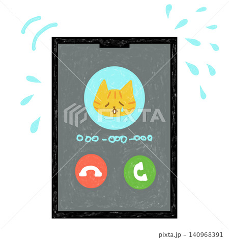 スマートフォンの着信画面と茶トラ猫(泣き顔) スマートフォンの着信画面と茶トラ猫(泣き顔) 140968391
