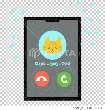 スマートフォンの着信画面と茶トラ猫(泣き顔) スマートフォンの着信画面と茶トラ猫(泣き顔) 140968391