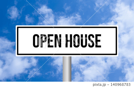 Open house road sign on blue sky background Open house road sign on blue sky background 140968783