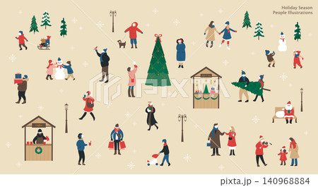 ホリデーシーズンとクリスマスマーケットを楽しむ人々の背景イラスト/ /冬の風景とクリスマスツリー ホリデーシーズンとクリスマスマーケットを楽しむ人々の背景イラスト/ /冬の風景とクリスマスツリー 140968884