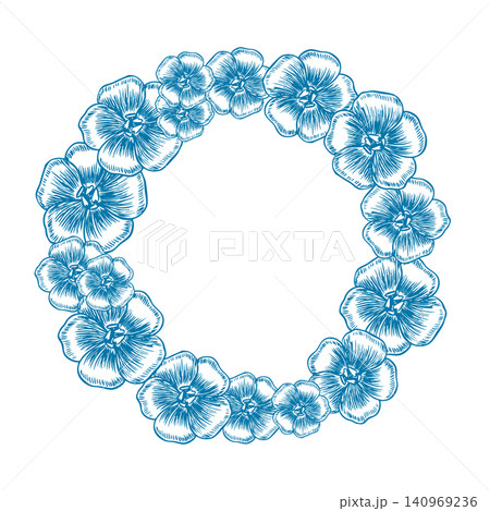 Wreath of blue flax flowers. Graphic, vector, and hand-drawn illustrations. Perfect for labels and packaging, greeting and invitation cards, and more Wreath of blue flax flowers. Graphic, vector, and hand-drawn illustrations. Perfect for labels and packaging, greeting and invitation cards, and more 140969236