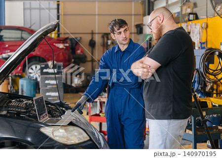 Car engineer technician worker, Technician team use laptop computer for tuning ECU with software. Car engineer technician worker, Technician team use laptop computer for tuning ECU with software. 140970195