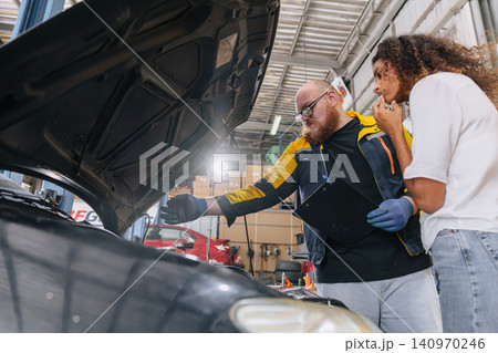 Car engine service in garage workshop, Customer worry talking with mechanic man. Car engine service in garage workshop, Customer worry talking with mechanic man. 140970246