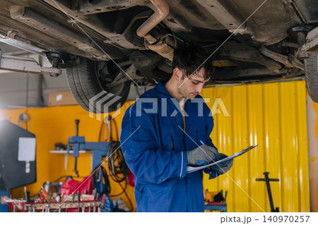 Garage Mechanic worker in auto service center working steering brake service maintenance under car. 140970257