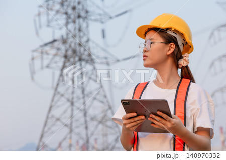 Female engineer inspecting power transmission tower, energy infrastructure concept Female engineer inspecting power transmission tower, energy infrastructure concept 140970332