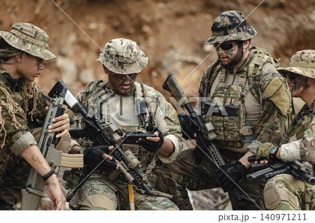 Marine Teamwork meeting, Special forces command team planning tactical operation, Military briefing 140971211