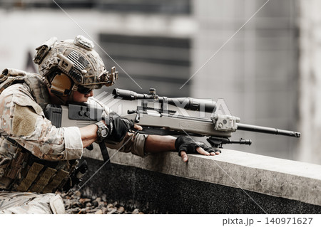 Sniper Soldier, Army force standby for guard security at roof top of the building 140971627