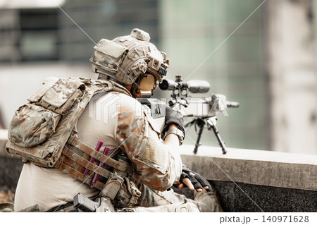 Sniper Soldier, Army force standby for guard security at roof top of the building 140971628