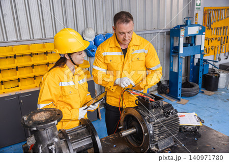 Engineer Checking DC Motor, Technician Man in Garage check inspecting service maintenance Stator. Engineer Checking DC Motor, Technician Man in Garage check inspecting service maintenance Stator. 140971780