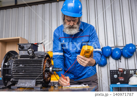 Engineer Checking DC Motor, Technician Man in Garage check inspecting service maintenance Stator. 140971787