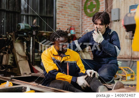 Accident worker injured on site colleague help assist, urgency workplace safety, emergency response. Accident worker injured on site colleague help assist, urgency workplace safety, emergency response. 140972407