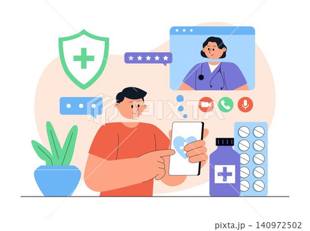 Telemedicine Vector Illustration Featuring Online Doctor Consultation, Virtual Healthcare, Remote Medical Care, and Telehealth Technology Telemedicine Vector Illustration Featuring Online Doctor Consultation, Virtual Healthcare, Remote Medical Care, and Telehealth Technology 140972502