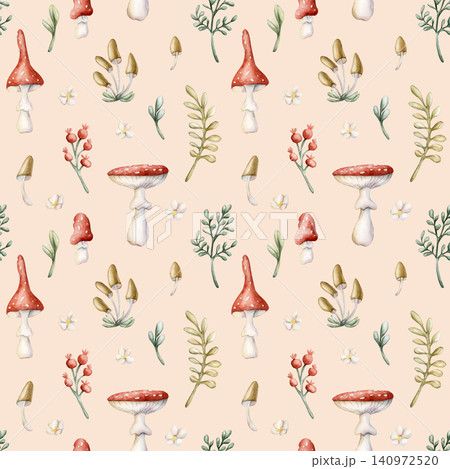 Cute Fly Agaric Toadstool Mushroom Red Berry Seamless Pattern. Watercolor summer floral forest illustration hand painted isolated on beige background nursery baby kids design fresh prints home textile 140972520