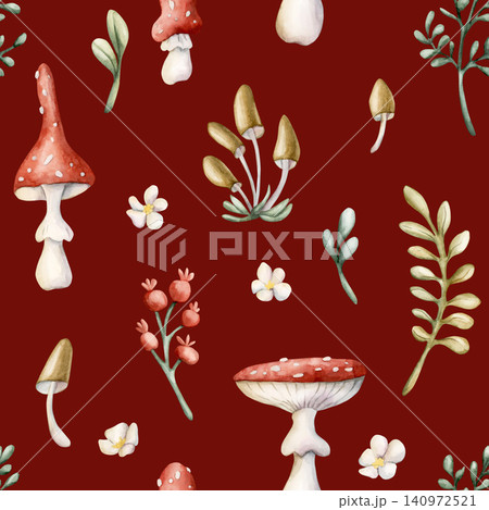 Cute Fly Agaric Toadstool Mushroom Red Berry Seamless Pattern. Watercolor summer floral forest illustration hand painted isolated on red background nursery baby kids design fresh prints home textile 140972521