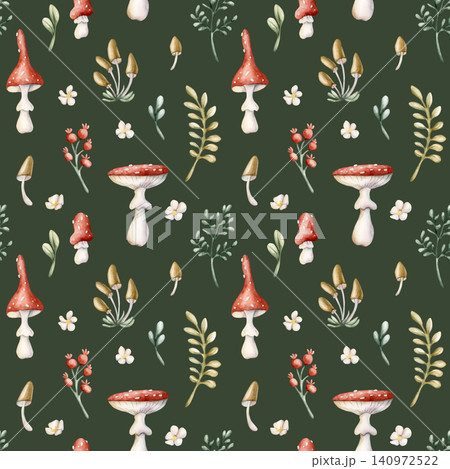 Cute Fly Agaric Toadstool Mushroom Red Berry Seamless Pattern. Watercolor summer floral forest illustration hand painted isolated on green background nursery baby kids design fresh prints home textile 140972522