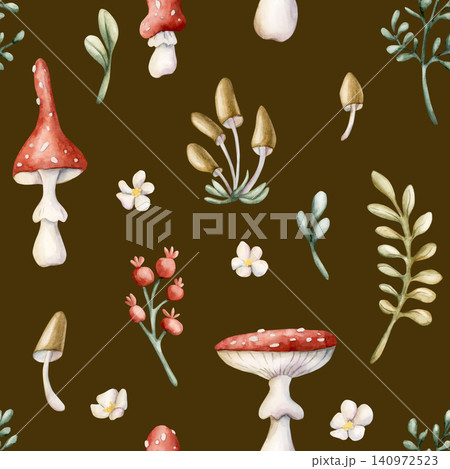 Cute Fly Agaric Toadstool Mushroom Red Berry Seamless Pattern. Watercolor summer floral forest illustration hand painted isolated on brown background nursery baby kids design fresh prints home textile Cute Fly Agaric Toadstool Mushroom Red Berry Seamless Pattern. Watercolor summer floral forest illustration hand painted isolated on brown background nursery baby kids design fresh prints home textile 140972523