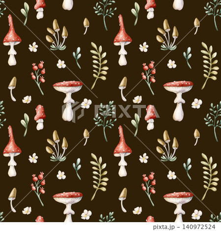 Cute Fly Agaric Toadstool Mushroom Red Berry Seamless Pattern. Watercolor summer floral forest illustration hand painted isolated on dark background nursery baby kids design fresh prints home textile 140972524