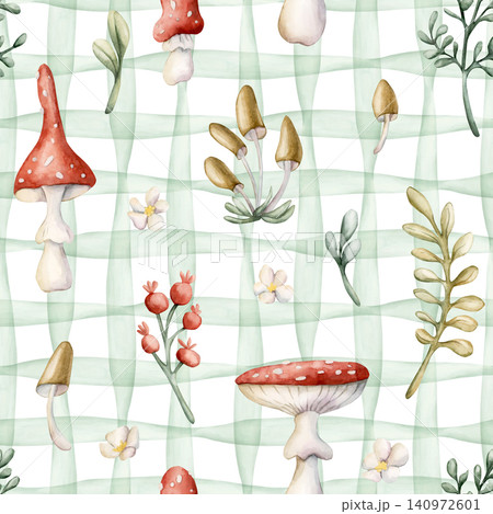 Cute Fly Agaric Toadstool Mushroom Red Berry Green Checked Seamless Pattern. Watercolor summer floral forest illustration hand painted isolated on white background nursery design fresh home textile Cute Fly Agaric Toadstool Mushroom Red Berry Green Checked Seamless Pattern. Watercolor summer floral forest illustration hand painted isolated on white background nursery design fresh home textile 140972601