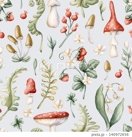 Cute Forest Mushrooms Wild Berries Fern Seamless Pattern. Strawberry Amanita Watercolor summer floral forest illustration hand painted isolated on blue background nursery design fresh home textile Cute Forest Mushrooms Wild Berries Fern Seamless Pattern. Strawberry Amanita Watercolor summer floral forest illustration hand painted isolated on blue background nursery design fresh home textile 140972656