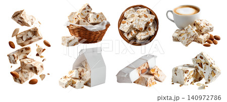 Set of classic Nougat chewy hard candy, almond nuts on sweet confection paste, takeaway white package, rattan basket, with coffee, pile stack broken cube bar, transparent cutout PNG. Many Mockup 140972786