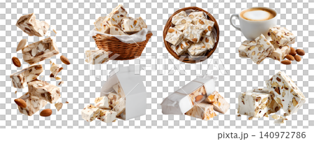 Set of classic Nougat chewy hard candy, almond nuts on sweet confection paste, takeaway white package, rattan basket, with coffee, pile stack broken cube bar, transparent cutout PNG. Many Mockup 140972786