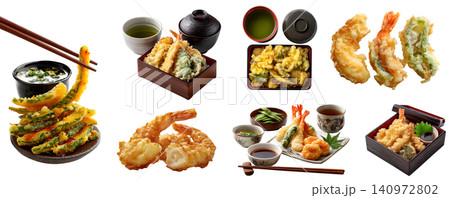 Set of Japanese bento set with tempura, Traditional crispy batter deep-fried seafood vegetable, on chopsticks basket plate, gift box, many variety, transparent cutout PNG. Mockup template Set of Japanese bento set with tempura, Traditional crispy batter deep-fried seafood vegetable, on chopsticks basket plate, gift box, many variety, transparent cutout PNG. Mockup template 140972802