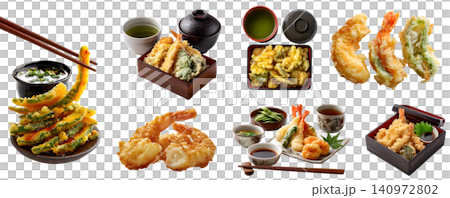 Set of Japanese bento set with tempura, Traditional crispy batter deep-fried seafood vegetable, on chopsticks basket plate, gift box, many variety, transparent cutout PNG. Mockup template Set of Japanese bento set with tempura, Traditional crispy batter deep-fried seafood vegetable, on chopsticks basket plate, gift box, many variety, transparent cutout PNG. Mockup template 140972802