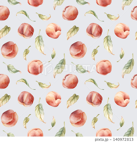 Pink Peaches Seamless Pattern Summer Juicy Ripe Fruits. Watercolor hand drawn floral food illustration isolated on blue background for home kitchen textile fresh print cosmetic package cute crockery Pink Peaches Seamless Pattern Summer Juicy Ripe Fruits. Watercolor hand drawn floral food illustration isolated on blue background for home kitchen textile fresh print cosmetic package cute crockery 140972813