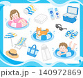 夏のビーチサイドで日焼け対策と休憩グッズのイラストセット 140972869