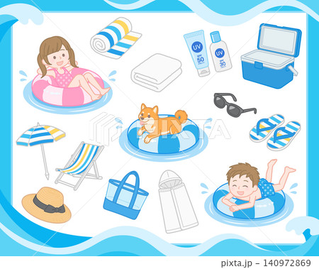 夏のビーチサイドで日焼け対策と休憩グッズのイラストセット 夏のビーチサイドで日焼け対策と休憩グッズのイラストセット 140972869