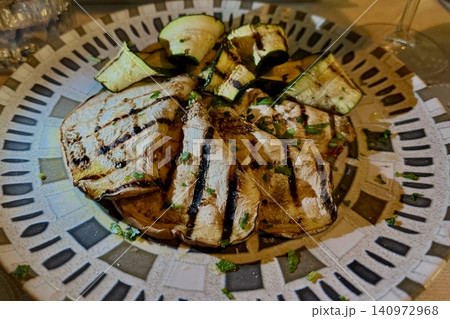 Grilled Vegetables on Artisan Plate Garnished with Herbs Grilled Vegetables on Artisan Plate Garnished with Herbs 140972968