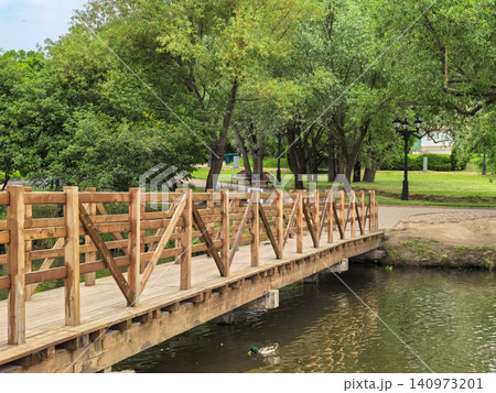 Wooden footbridge over pond in a green summer park with duck swimming Wooden footbridge over pond in a green summer park with duck swimming 140973201
