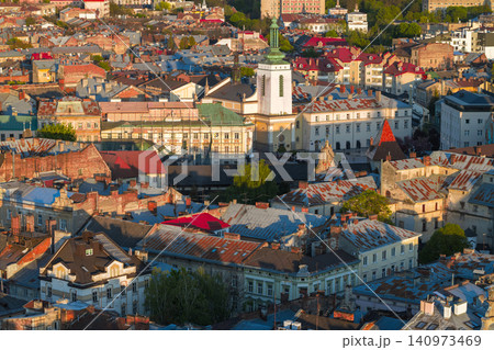 Aerial view of an aged European city undergoing reconstruction and rebuilding efforts Aerial view of an aged European city undergoing reconstruction and rebuilding efforts 140973469