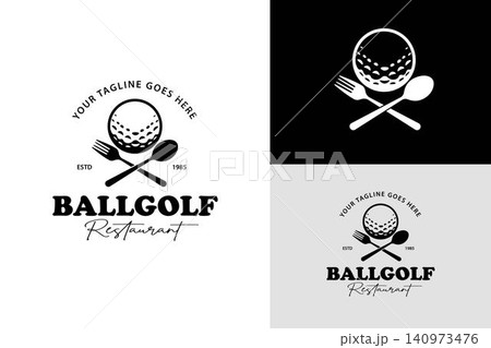 Golf Ball with Crossed Fork and Spoon Vintage Restaurant Badge Logo for Golf Club Dining Hospitality and Food Service Golf Ball with Crossed Fork and Spoon Vintage Restaurant Badge Logo for Golf Club Dining Hospitality and Food Service 140973476