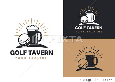 Golf Ball and Beer Mug with Sunburst Vintage Badge Style Logo for Golf Tavern Restaurant and Sports Bar Golf Ball and Beer Mug with Sunburst Vintage Badge Style Logo for Golf Tavern Restaurant and Sports Bar 140973477
