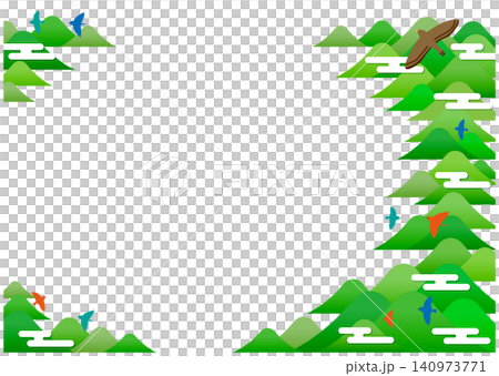A natural landscape frame featuring mountain ranges and flying birds. A natural landscape frame featuring mountain ranges and flying birds. 140973771