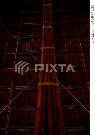 Interior of modern architecture, modern design. Bamboo architecture, interior design. Details of modern architecture. Building abstract. Building background. 140974239